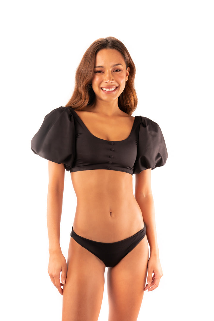Aracely Puff Sleeve Bikini Top in Black by Sanlier