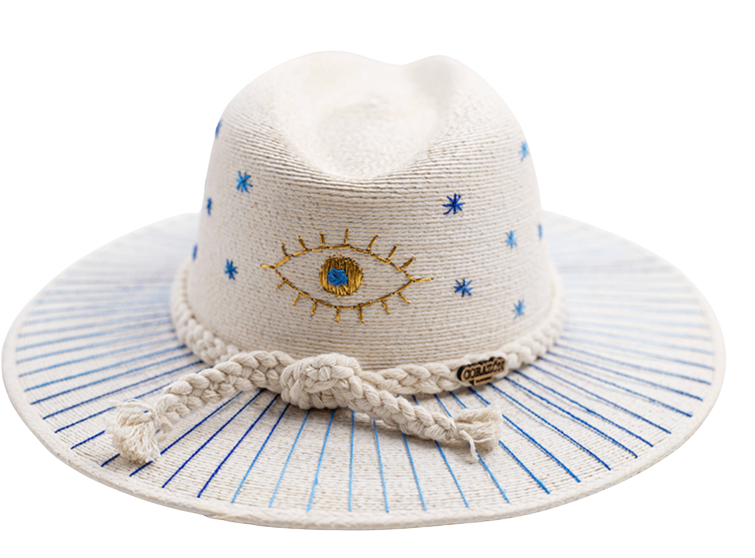 New- Evil Eye Embroidered Beads Straw Hat Meraki Hat blue Hat / hand painted/ natural straw/mandala  main image 4