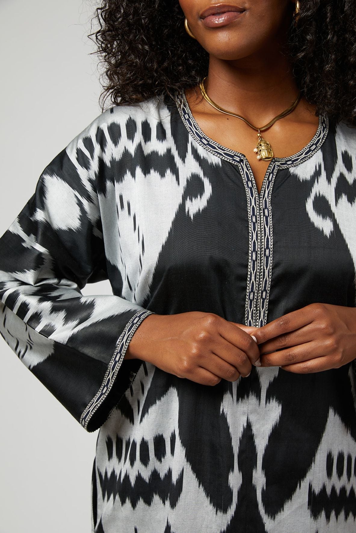 Regina Silk Ikat Kaftan / Maxi-Dress - Black, Silver by Larkin Lane