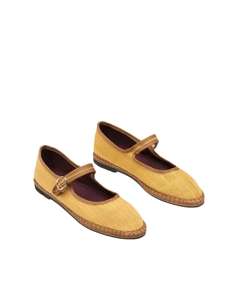 Alessia Linen Mary Jane Flat - Mostaza by Flabelus