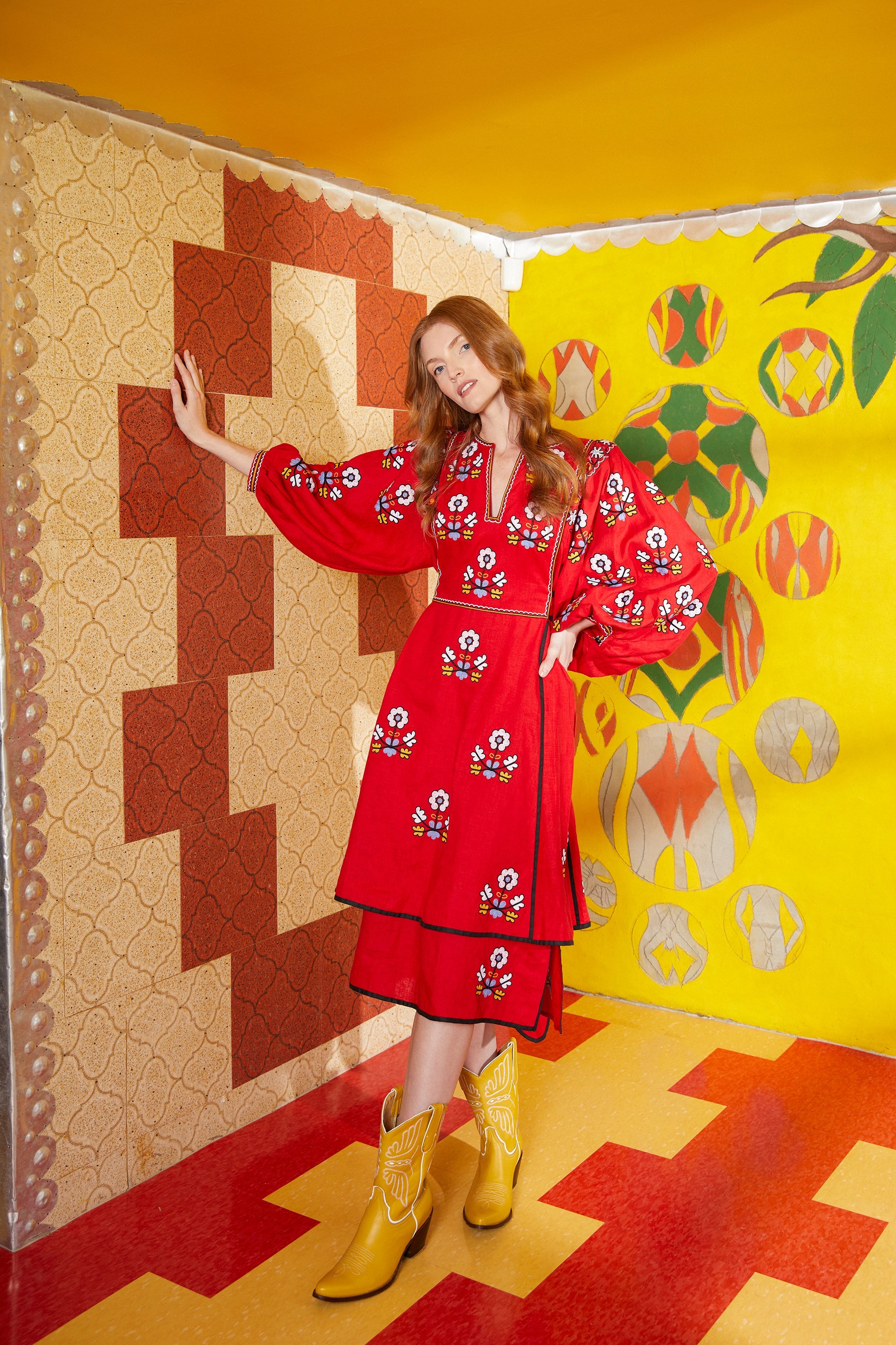 Iryna Embroidered Ukrainian Dress - Red, Yellow, Blue, Black by Larkin Lane