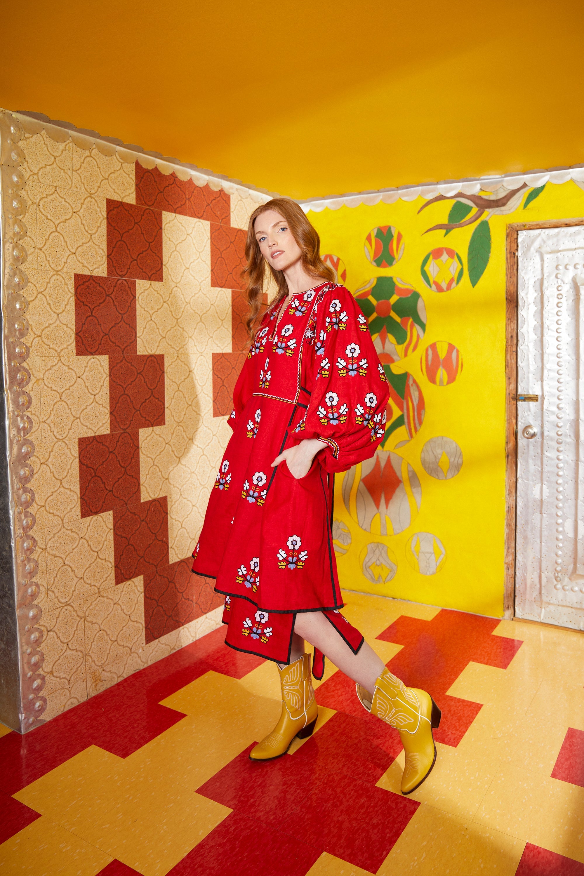 Iryna Embroidered Ukrainian Dress - Red, Yellow, Blue, Black by Larkin Lane