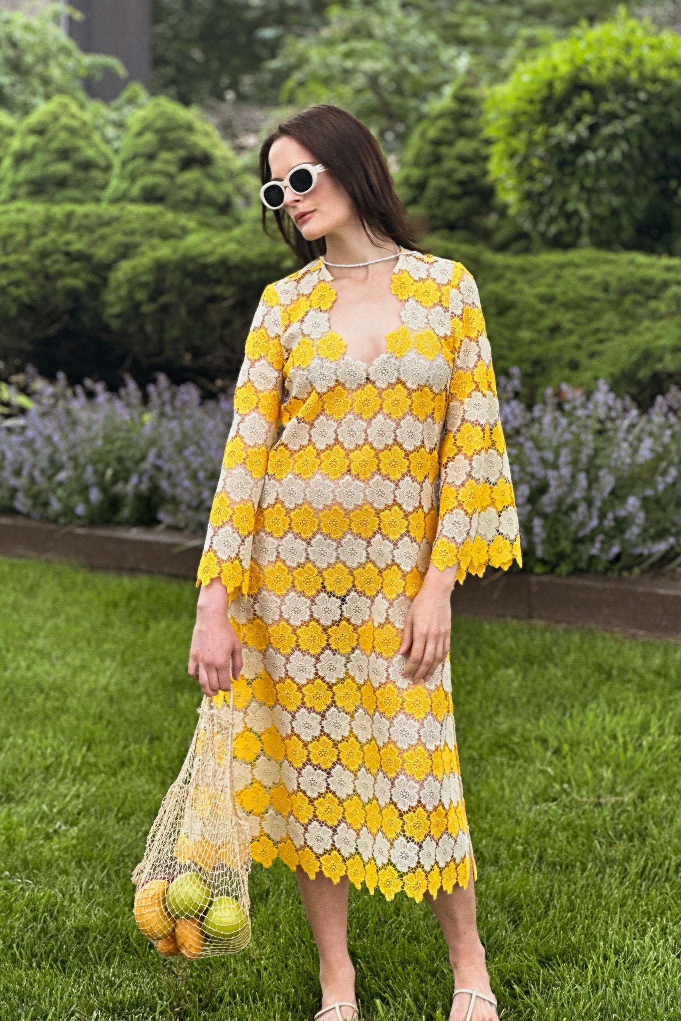 Arelis Two-Tone Cosmos Flower Lace Caftan - Mango by Miguelina