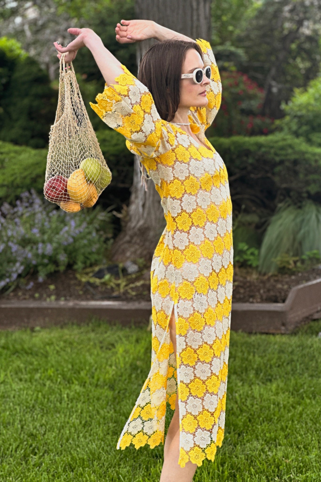 Arelis Two-Tone Cosmos Flower Lace Caftan - Mango by Miguelina