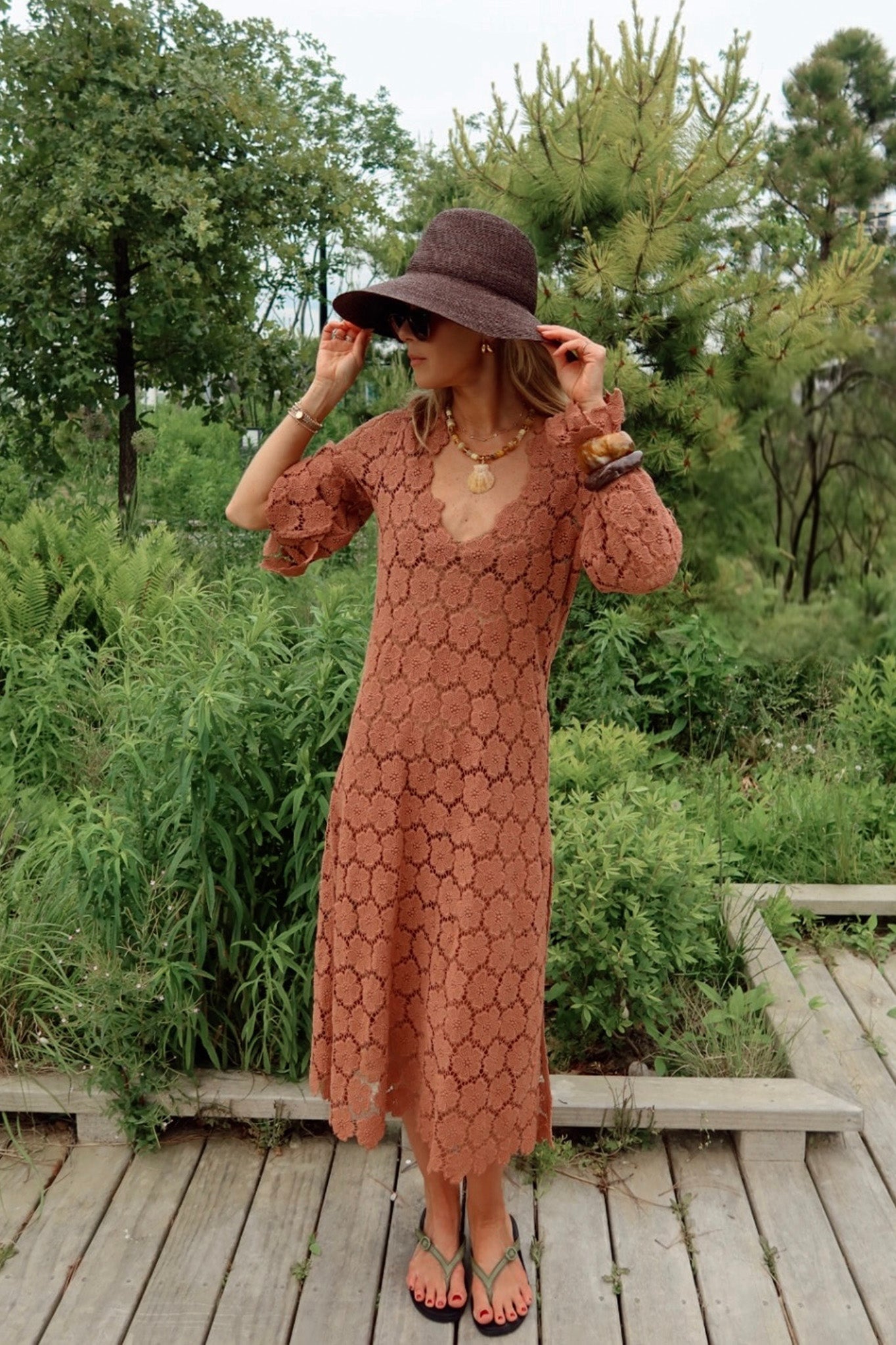 Arelis Cosmos Flower Lace Caftan - Mocha by Miguelina