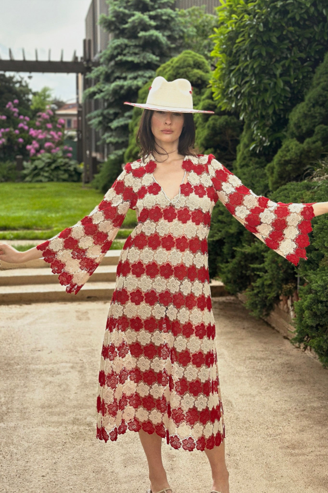 Arelis Two-Tone Cosmos Flower Lace Caftan - Paprika by Miguelina