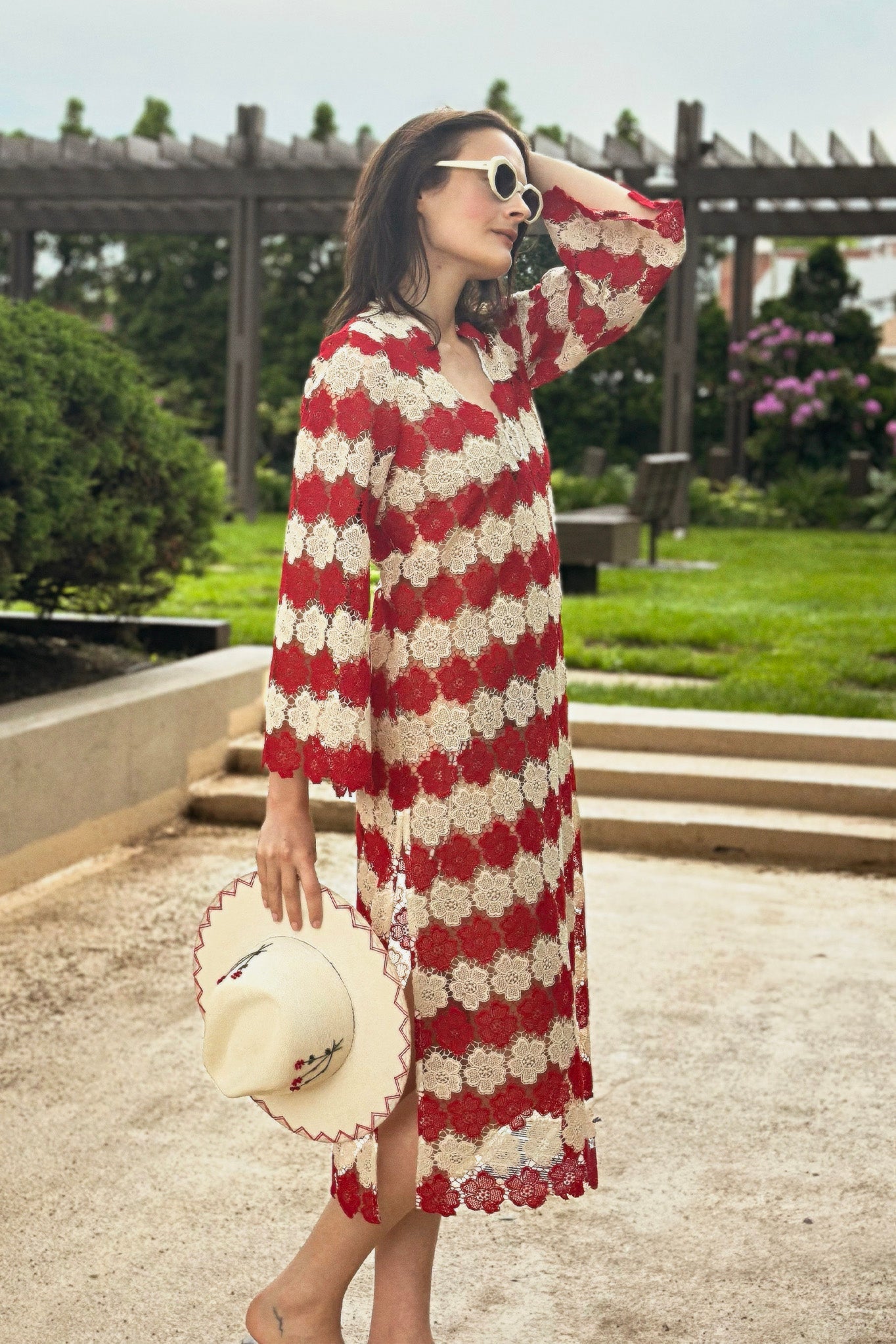 Arelis Two-Tone Cosmos Flower Lace Caftan - Paprika by Miguelina