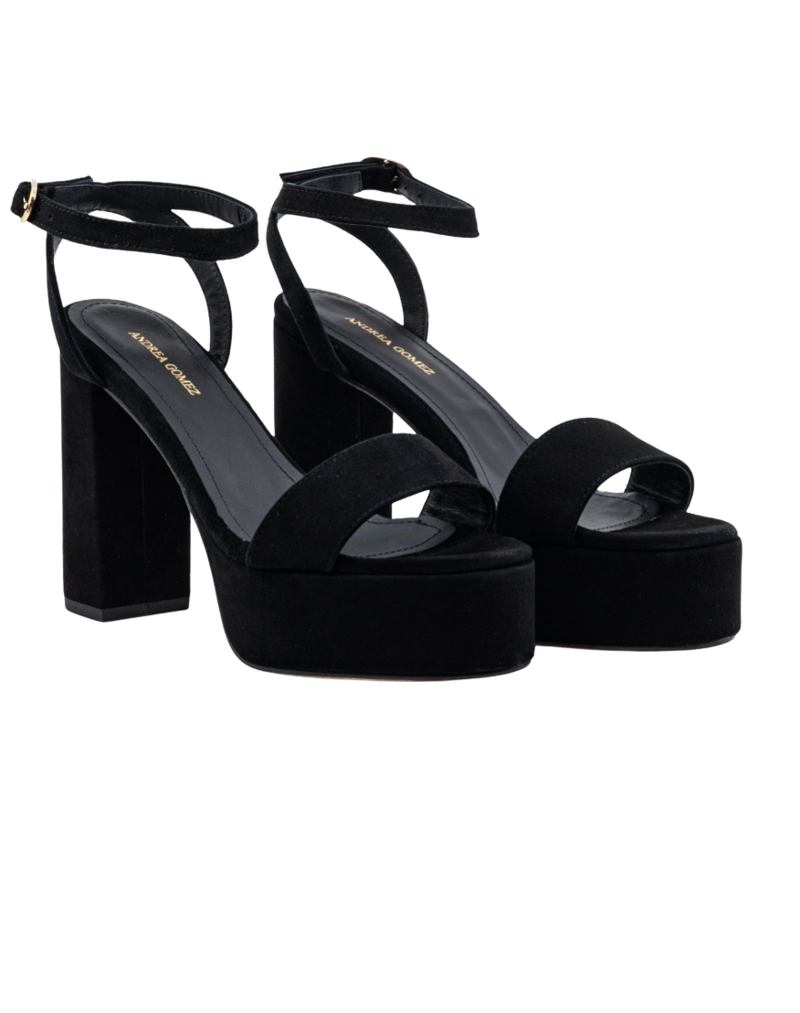 A pair of black platform block-heel sandals with double front straps and ankle straps, shown on a plain white background.