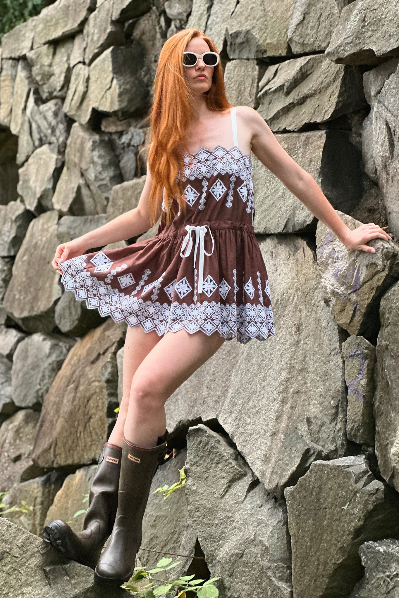 Brielle Rhombus Cotton Embroidery Mini Dress - Espresso by Miguelina