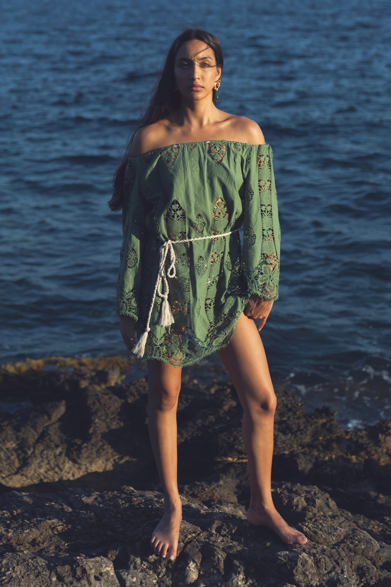 Brigette Tropical Cotton Embroidery Coverup Dress - Eucalyptus by Miguelina
