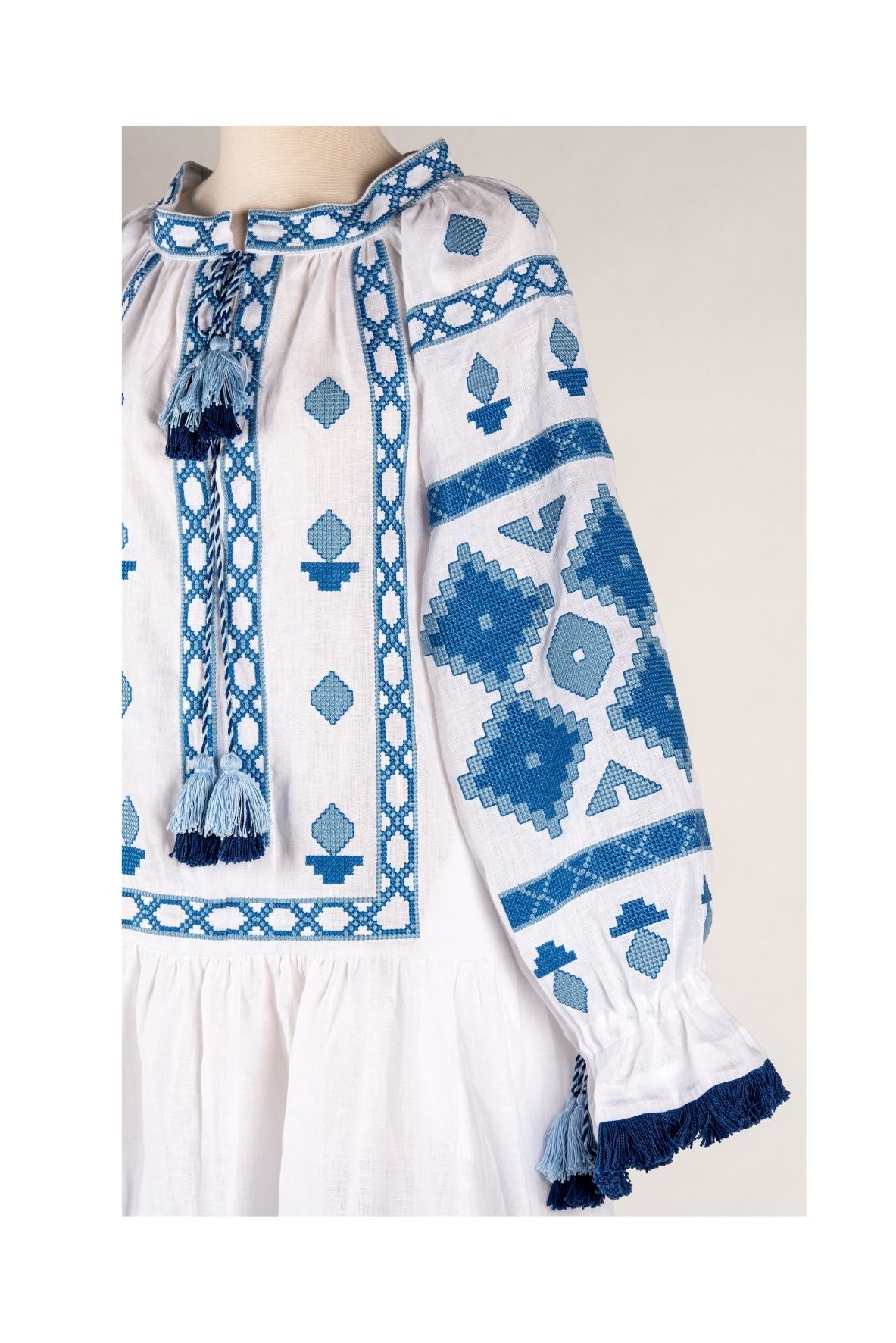 Nomeda Embroidered Ukrainian Dress - White, Blue by Larkin Lane