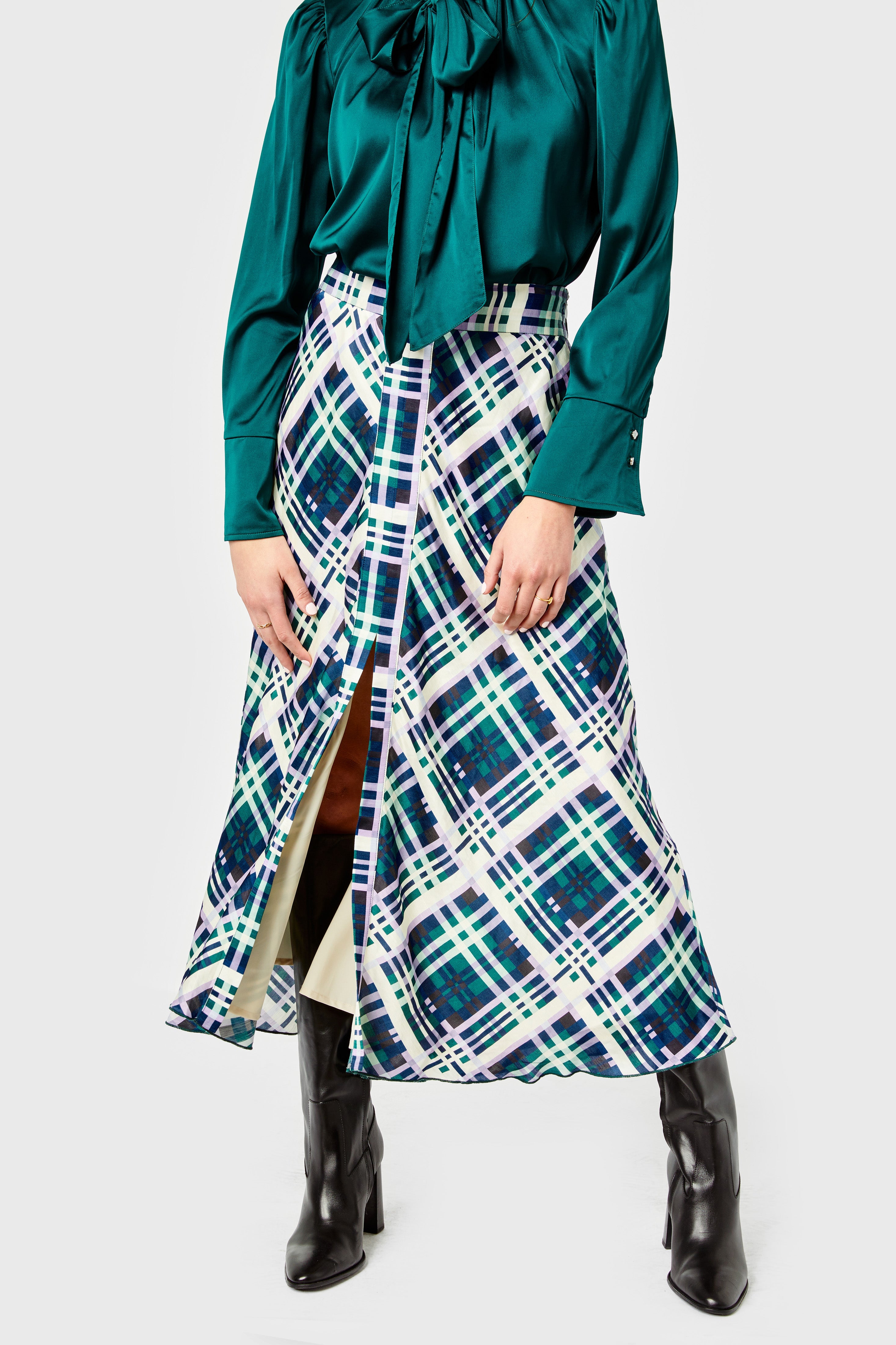 Clara Skirt-Rayon Linen-Evergreen Plaid by Cartolina