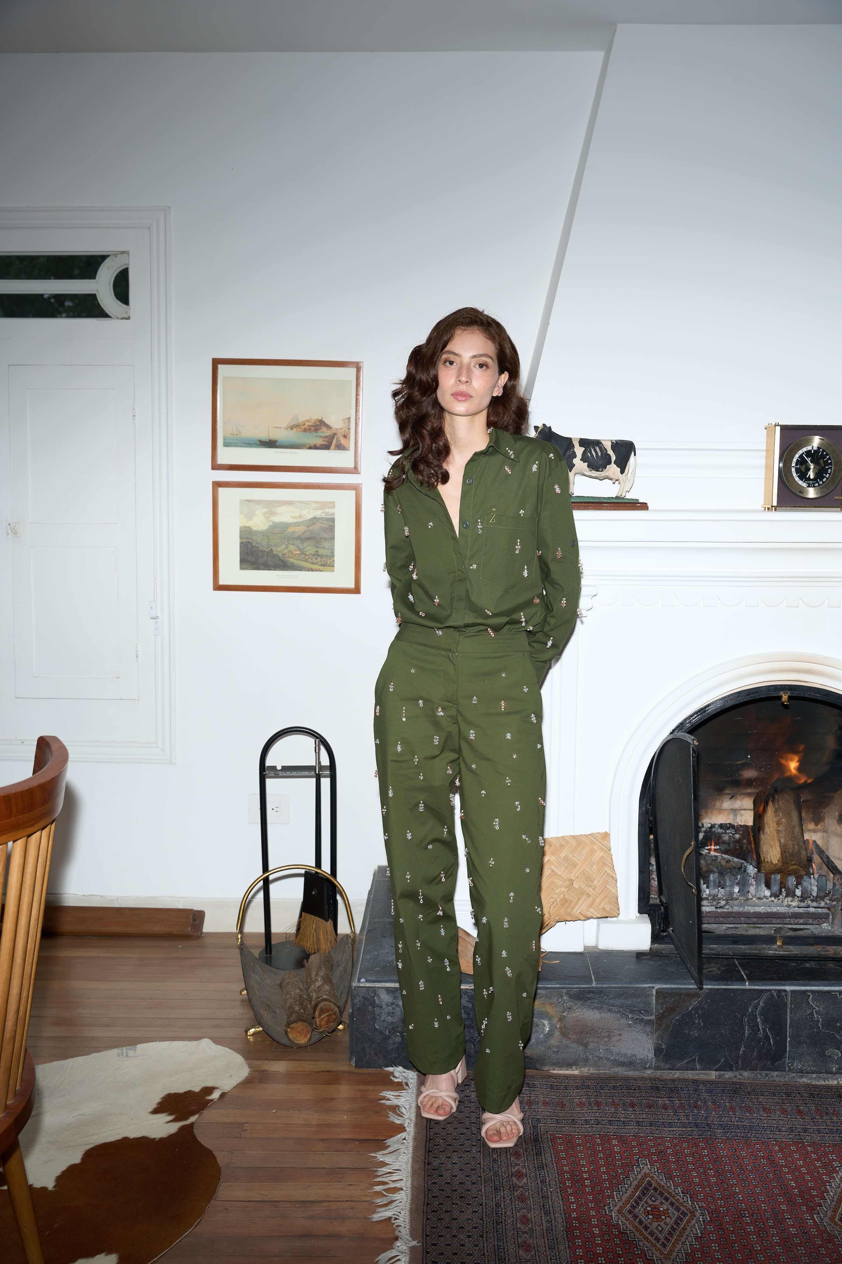 HAND BEADED SERRANIA PANTS - GREEN by Zereno