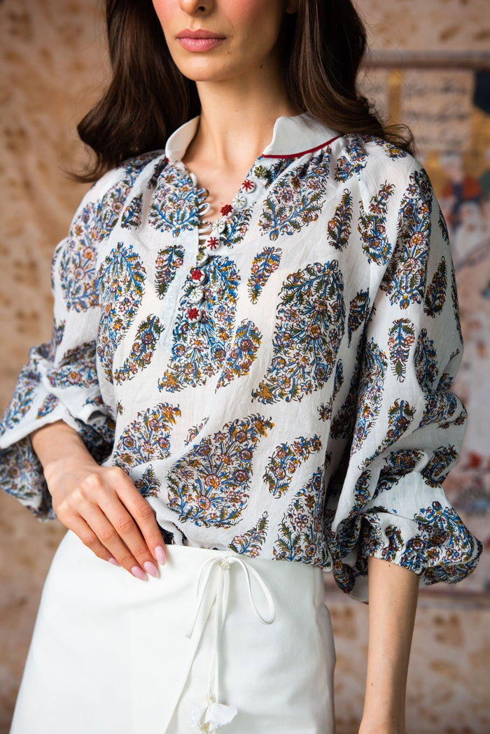 Golab Blouse - Blue Paisley & Red Buttons by Rosewater House