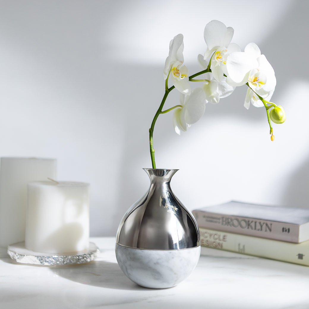 Coluna Dual Bud Vase, Marble & Silver by ANNA New York
