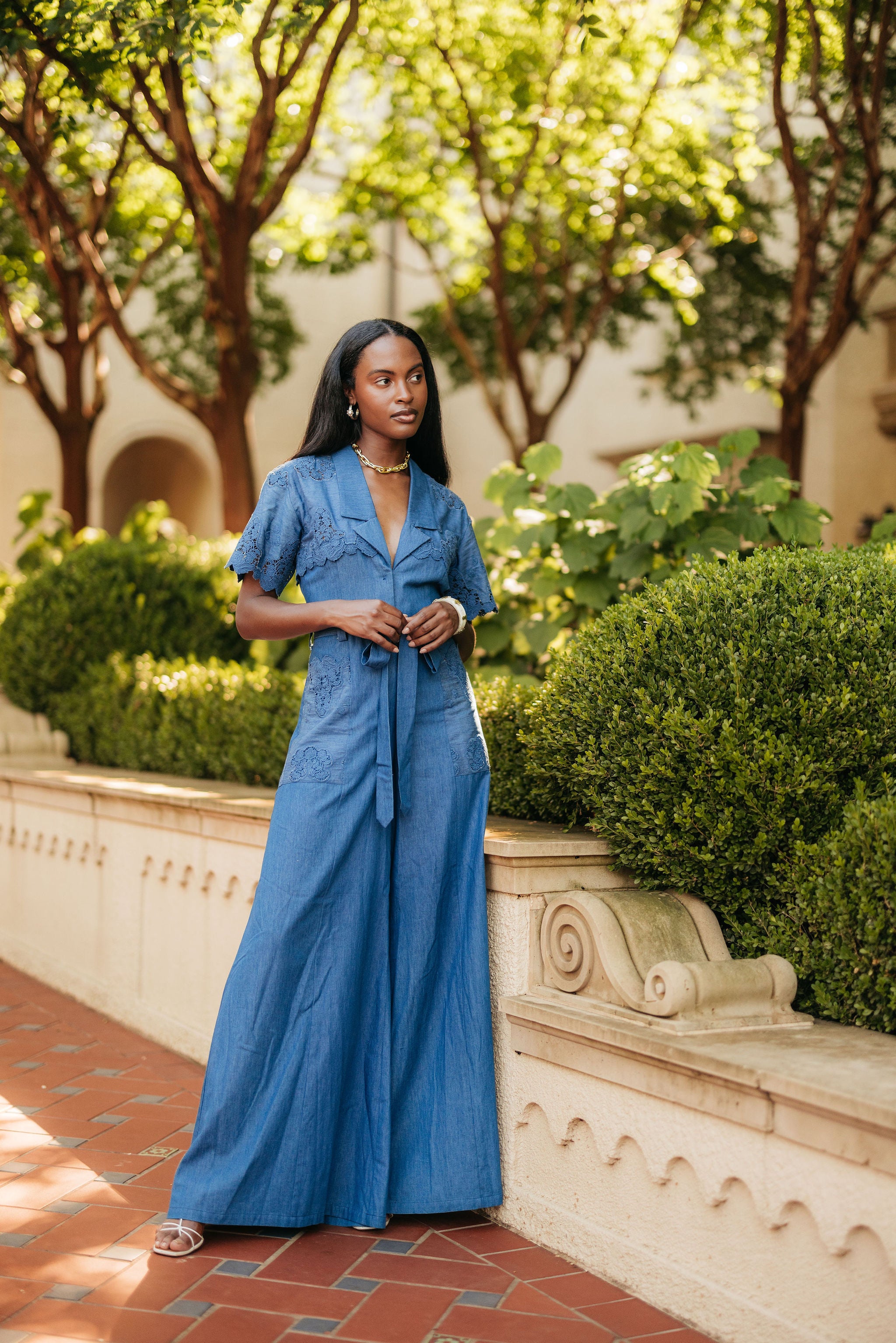 Miguelina | Tinsley Embroidered Jumpsuit in Indigo Denim | XS | Navy Miguelina | Tinsley Embroidered Jumpsuit in Indigo Denim | XS | Navy