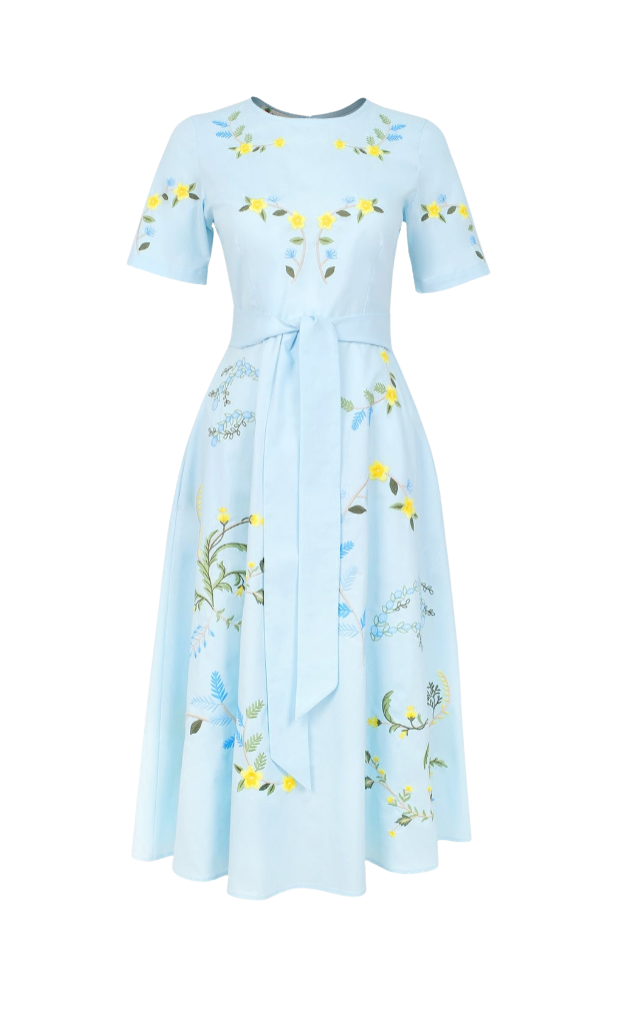 Light blue dress with floral patterns on a white background