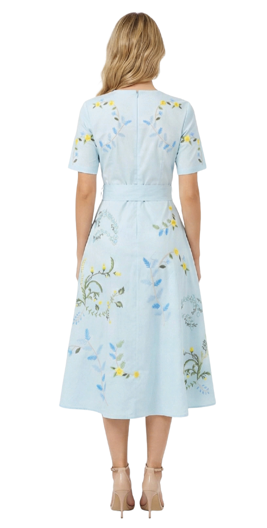 Light blue dress with floral embroidery on a white background