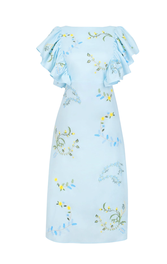 Light blue dress with floral embroidery on a white background
