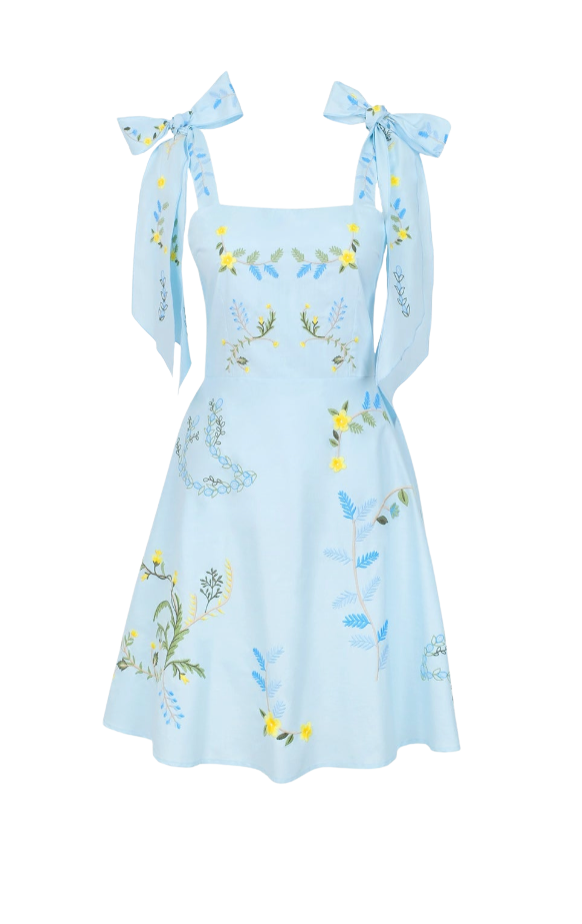 Light blue dress with floral embroidery and bow straps on a white background