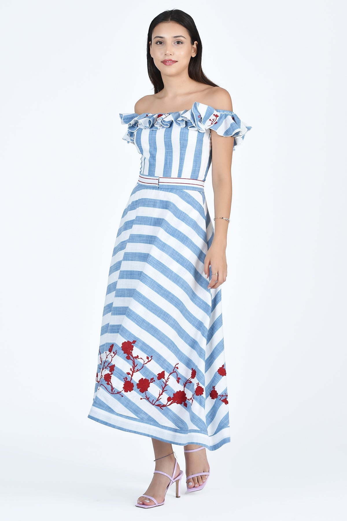 selena ivory satin ruffle strapless dress SELENA DRESS by Fanm Mon XL / Blue Stripes