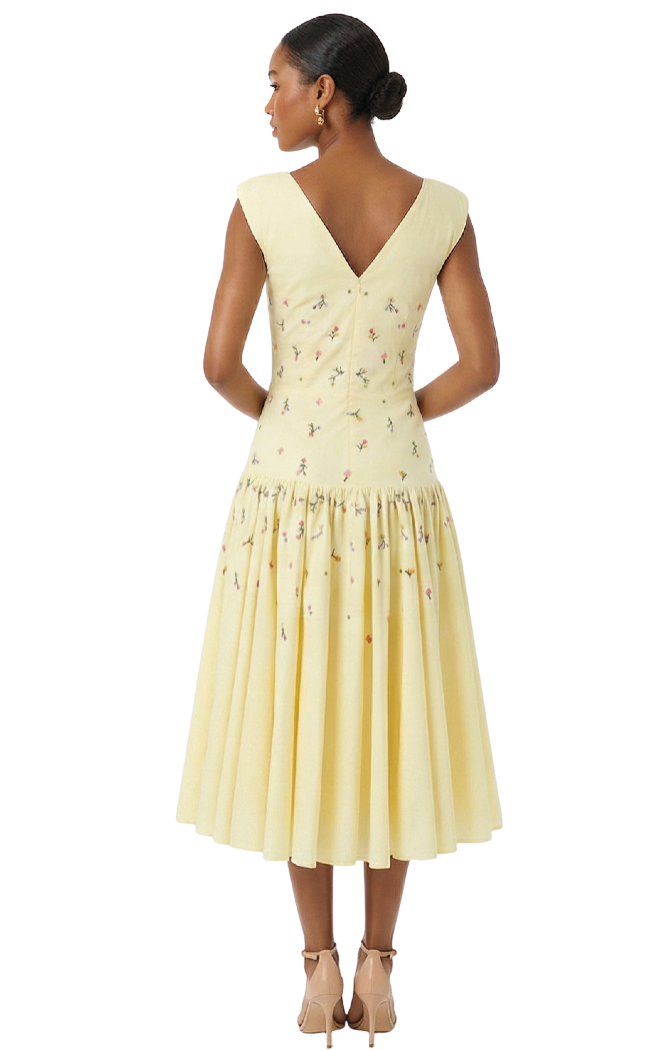 Woman wearing a light yellow dress with floral patterns on a white background