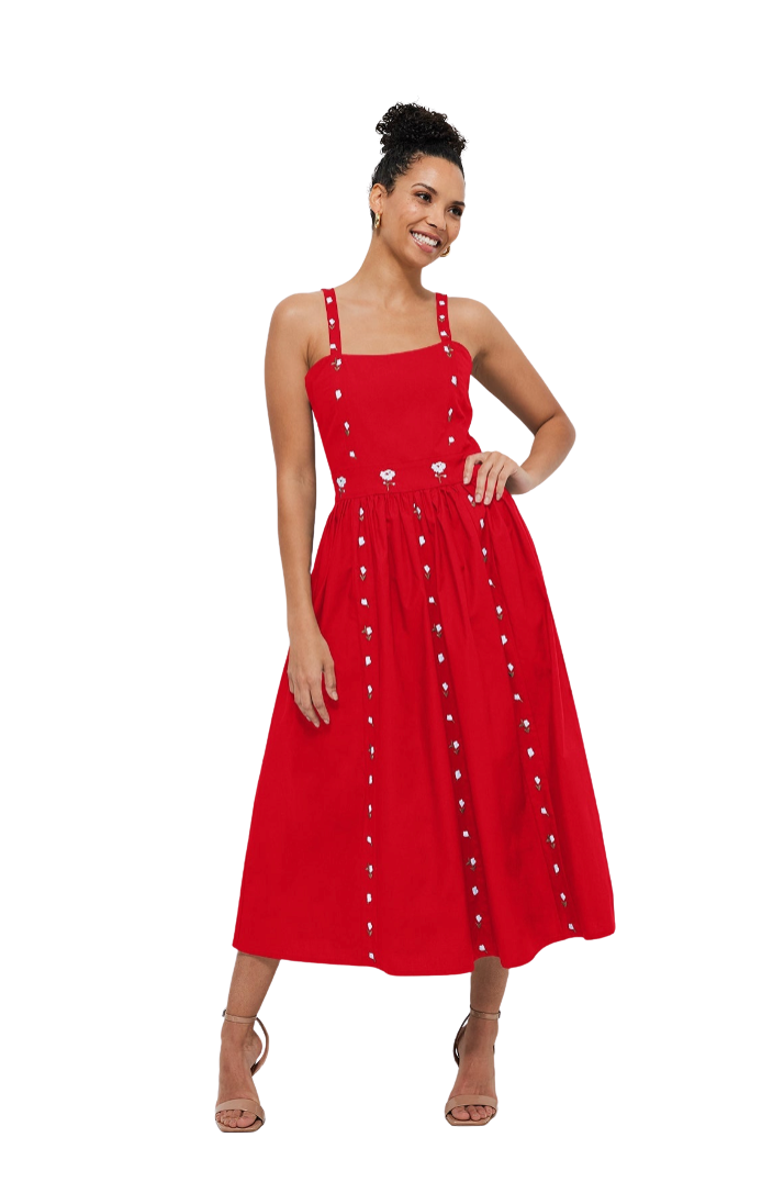 Woman wearing a red dress with white buttons on a white background