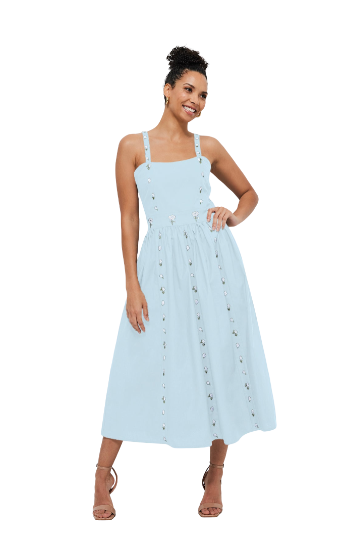 Woman wearing a light blue dress with floral patterns on a white background