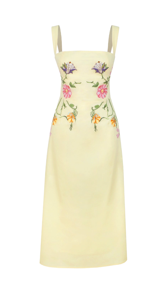 Light yellow dress with floral embroidery on a white background