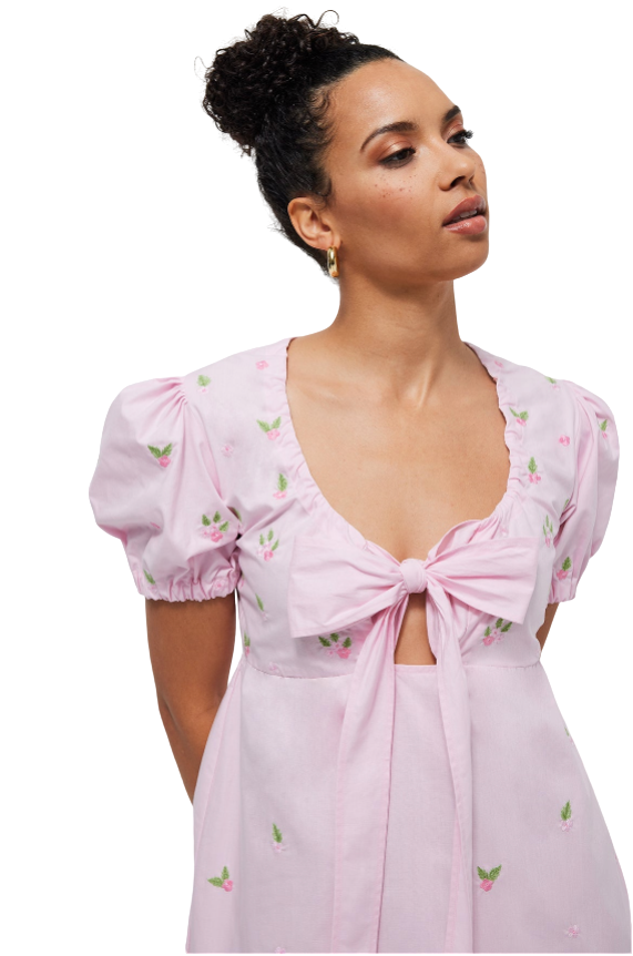 Woman wearing a pink dress with floral embroidery on a white background