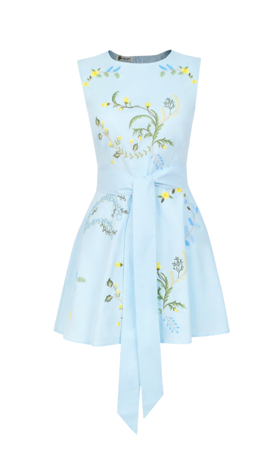 Light blue dress with floral embroidery on a white background