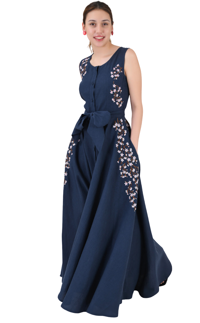 Navy blue evening gown with floral embellishments on a white background