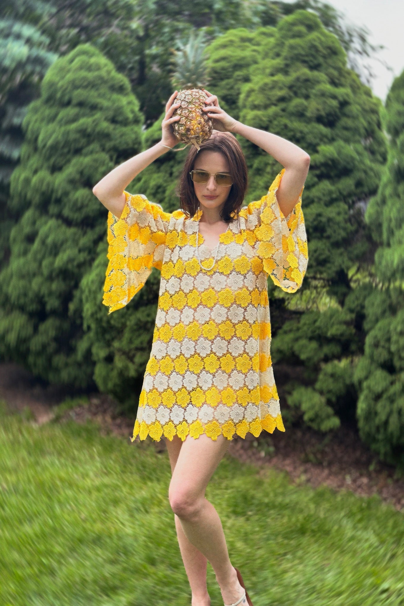 Miguelina | Gianina Two-Tone Cosmos Flower Lace Mini Caftan - Mango | M | Yellow Miguelina | Gianina Two-Tone Cosmos Flower Lace Mini Caftan - Mango | M | Yellow