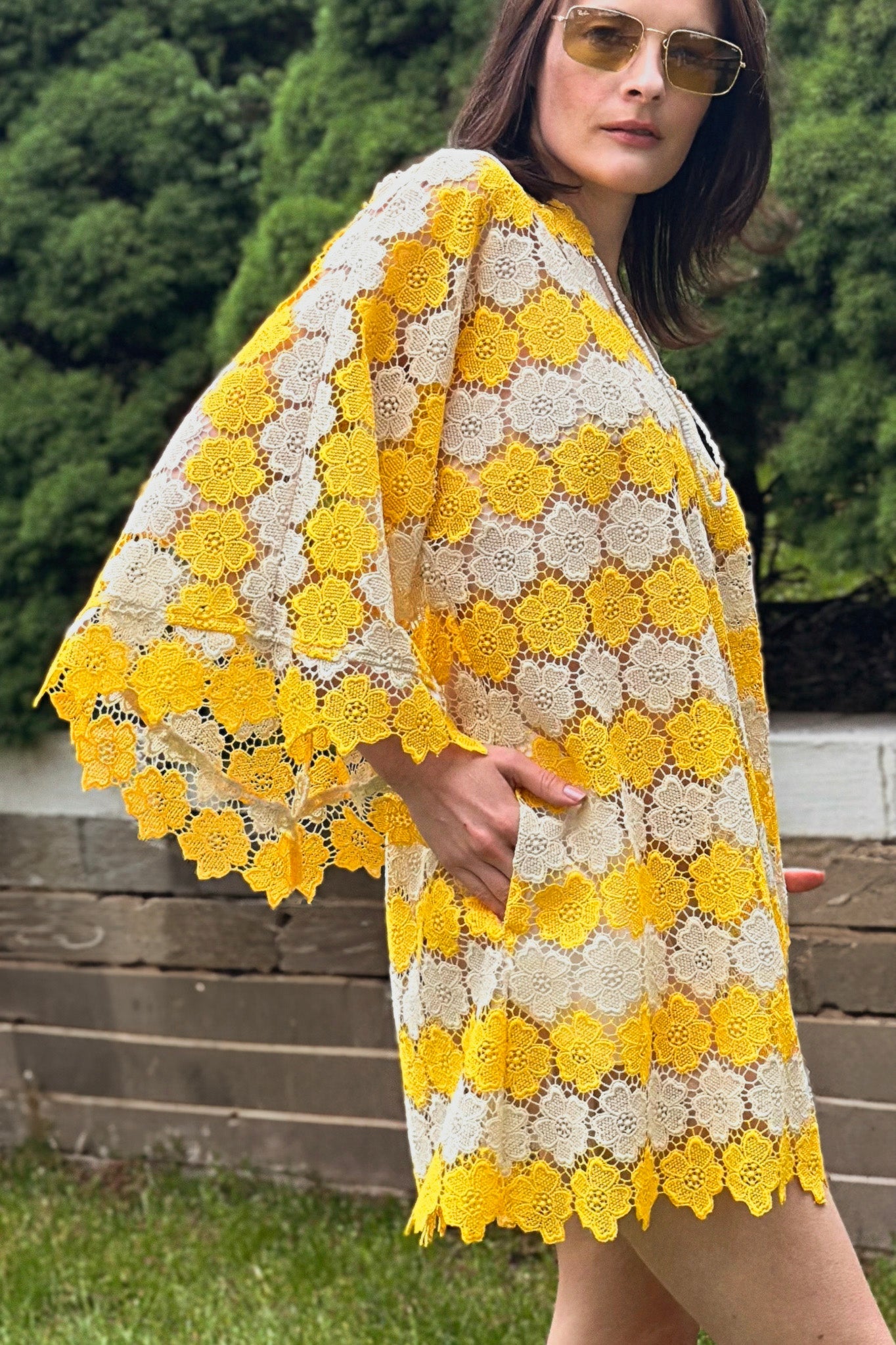 Gianina Two-Tone Cosmos Flower Lace Mini Caftan - Mango by Miguelina