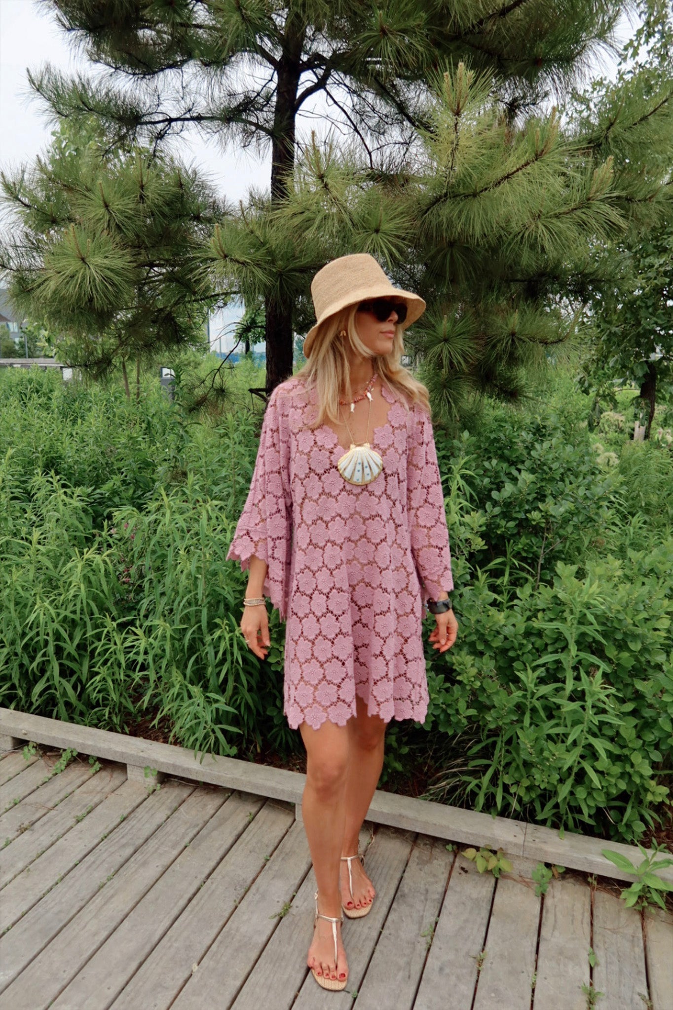 Gianina Cosmos Flower Lace Mini Caftan - Mauve by Miguelina