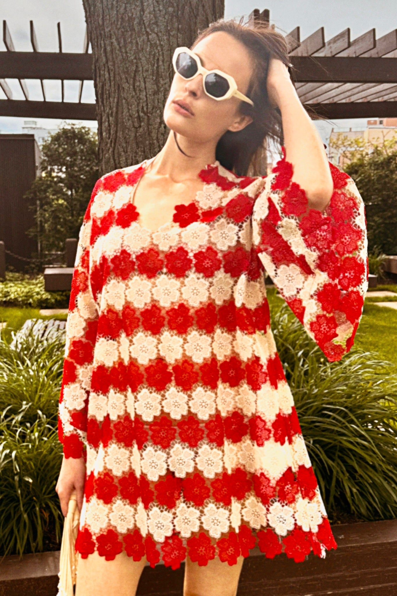 Gianina Two-Tone Cosmos Flower Lace Mini Caftan - Paprika by Miguelina