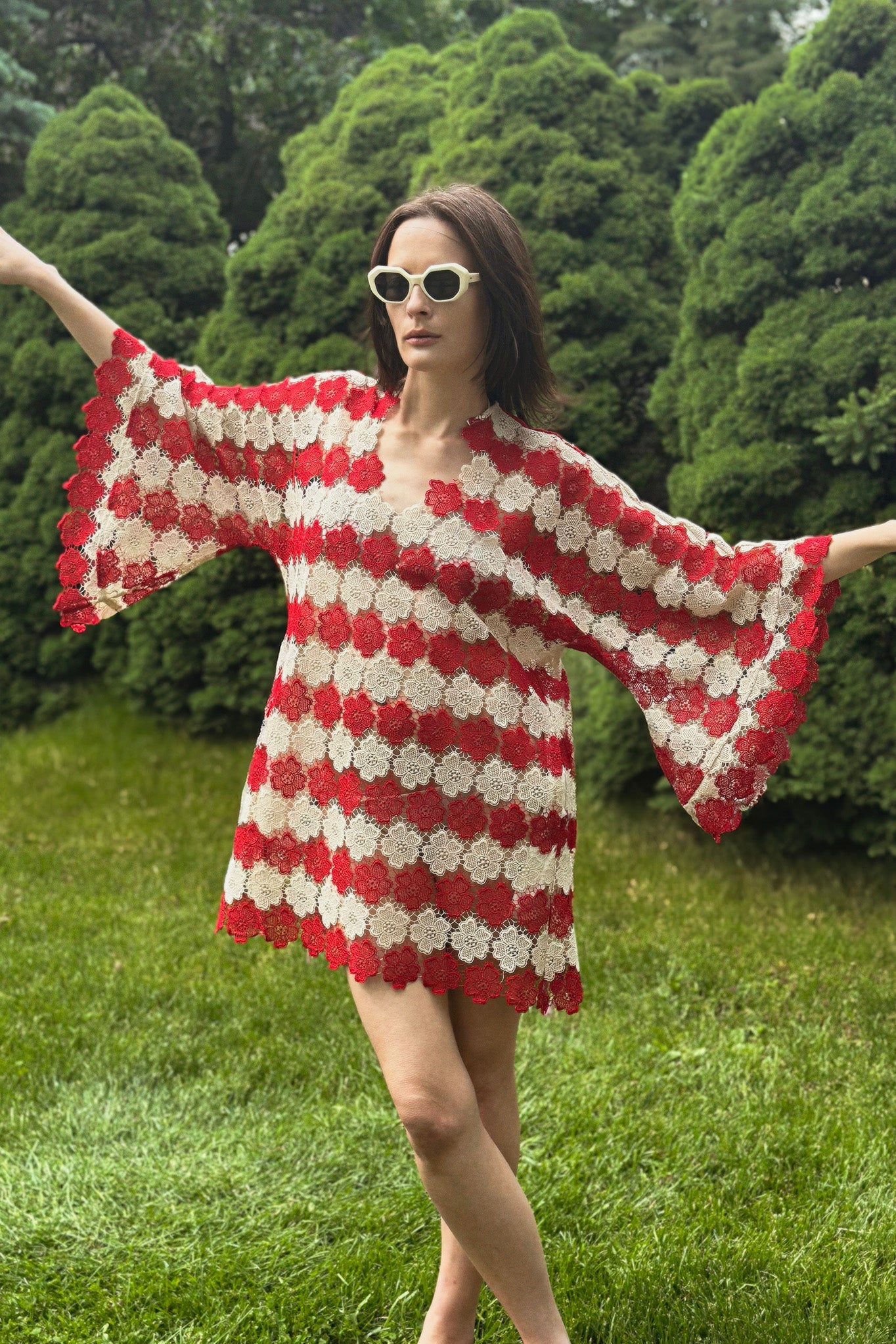 Gianina Two-Tone Cosmos Flower Lace Mini Caftan - Paprika by Miguelina