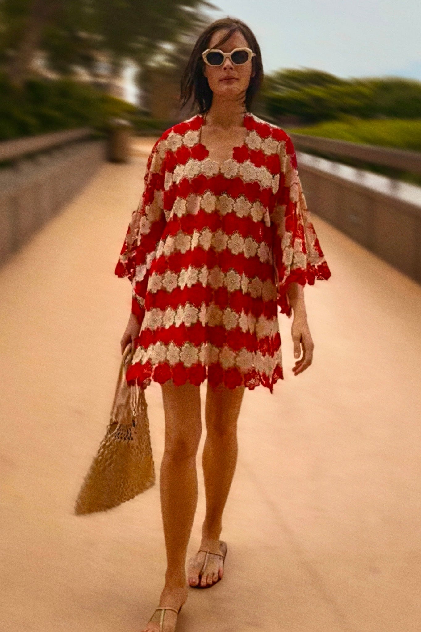 Gianina Two-Tone Cosmos Flower Lace Mini Caftan - Paprika by Miguelina