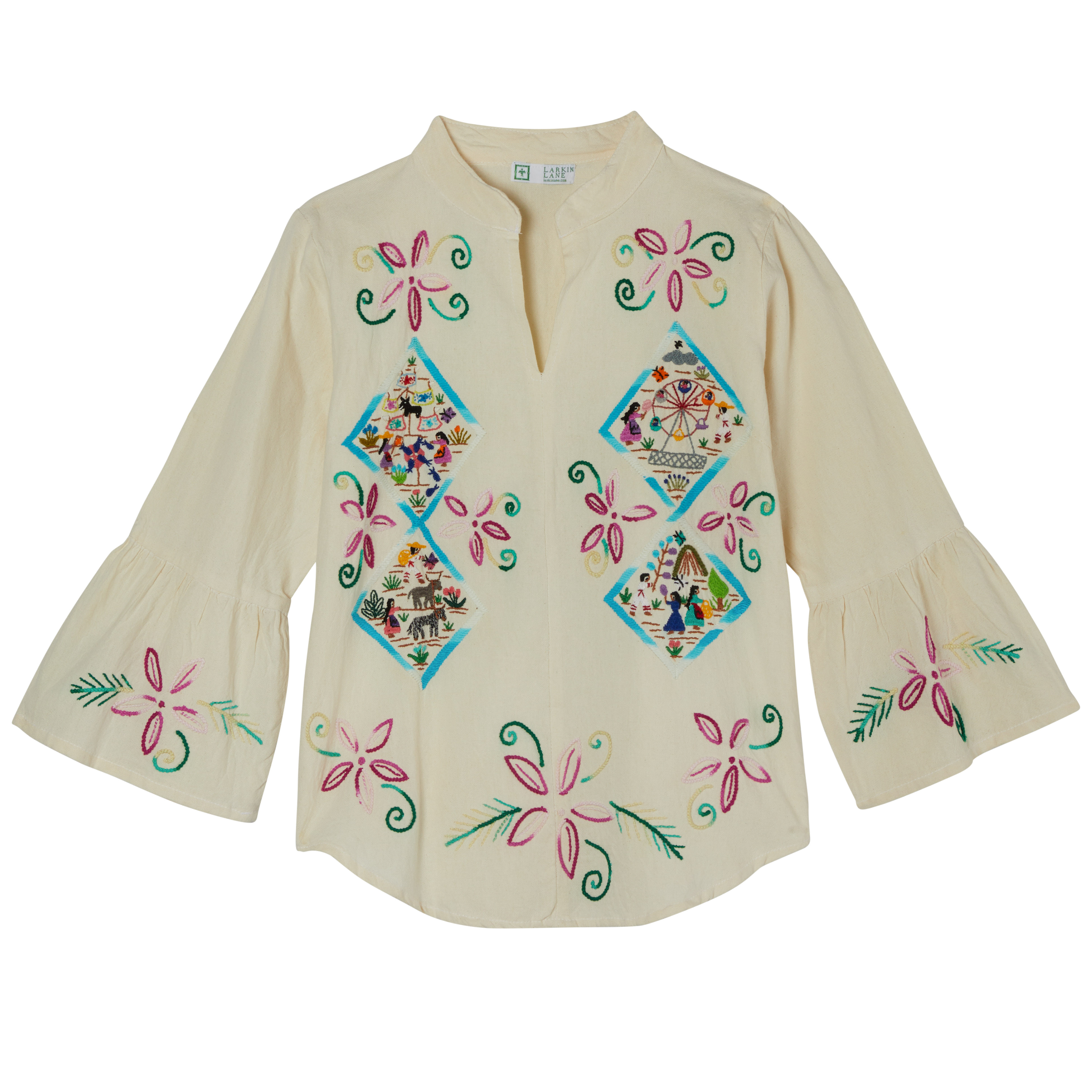 Historico Collection Embroidered Top from Mexico - Ivory, Turquoise, Fuschia, Multi by Larkin Lane