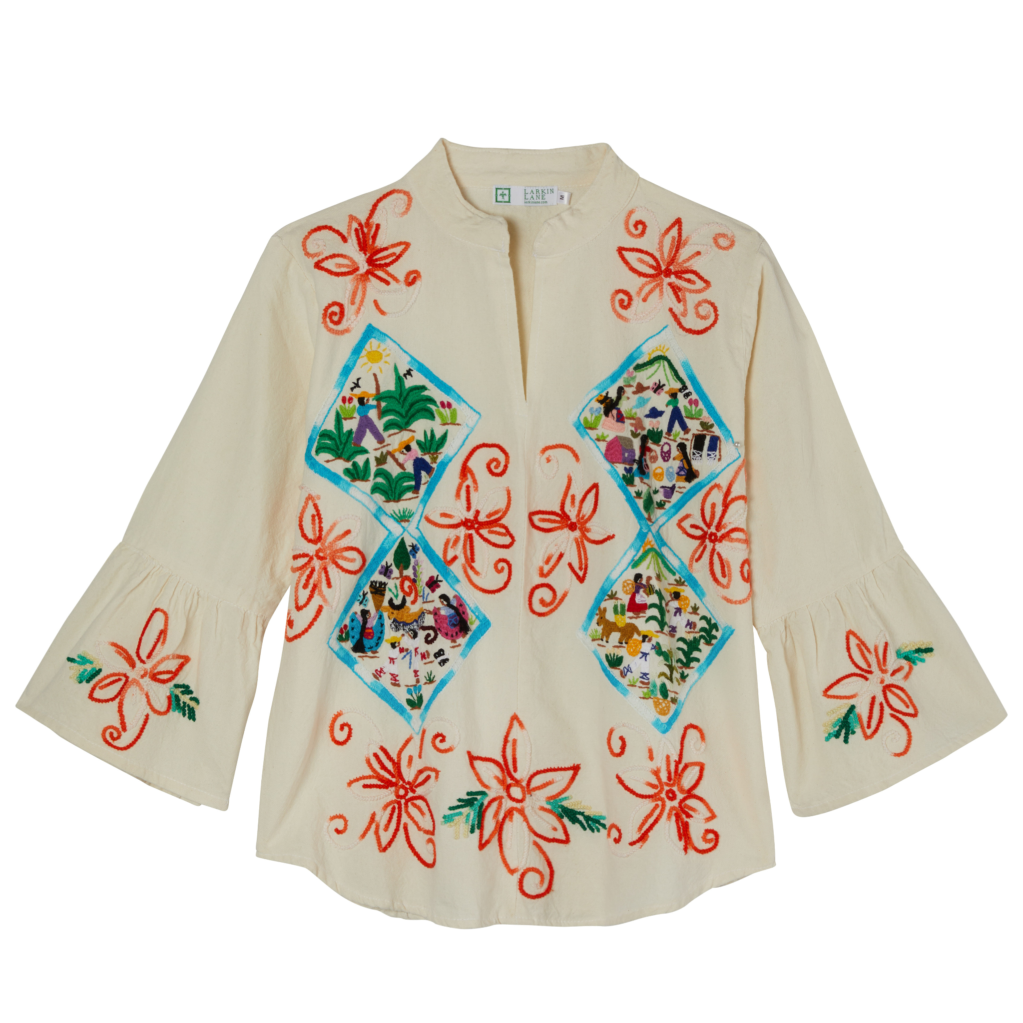 Historico Collection Embroidered Top from Mexico - Ivory, Turquoise, Orange, Multi by Larkin Lane