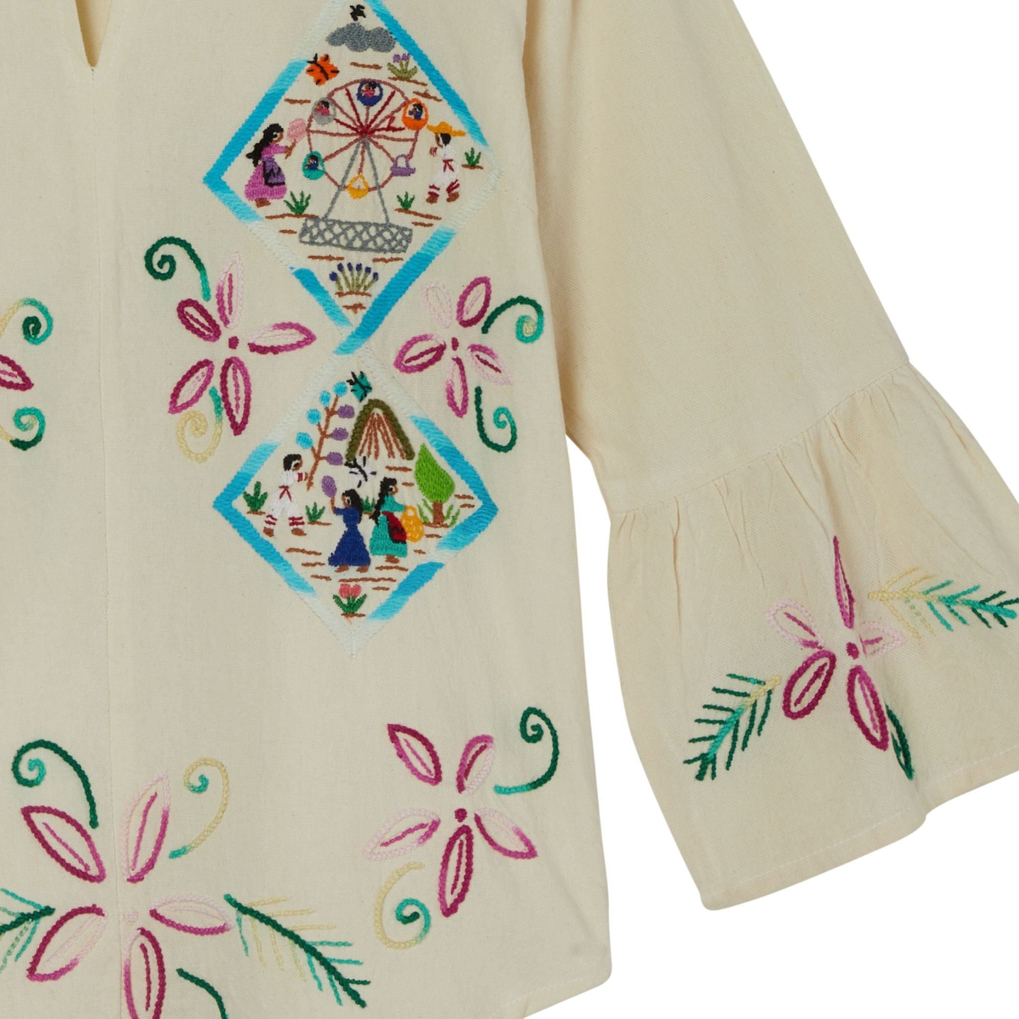 Historico Collection Embroidered Top from Mexico - Ivory, Turquoise, Fuschia, Multi by Larkin Lane
