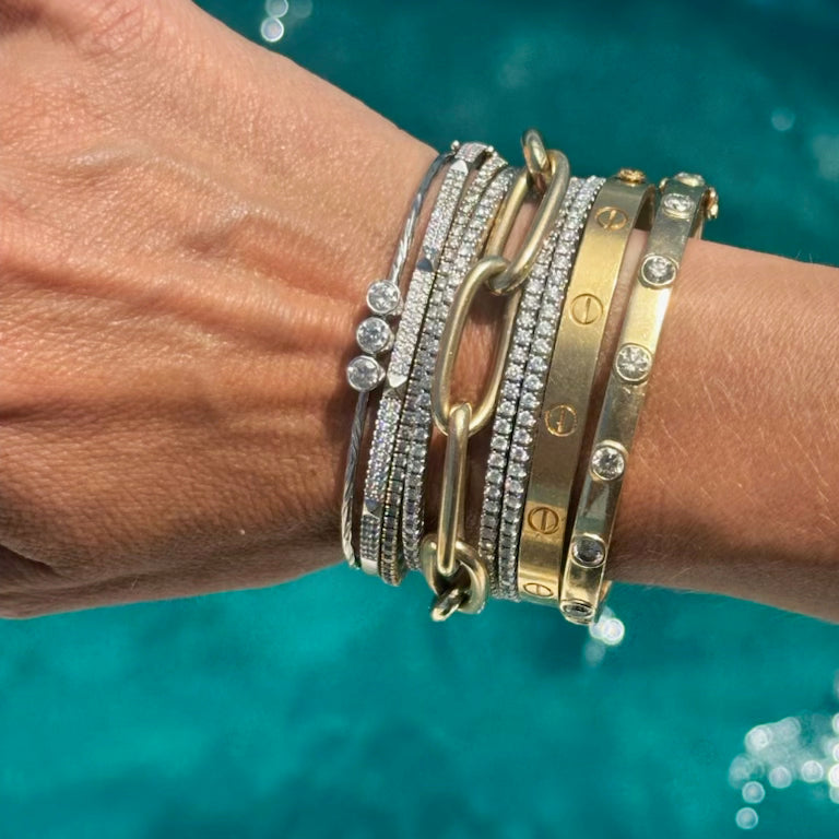 14k White Gold 3 Diamond Hammered Bezel Bracelet by S. Carter Designs