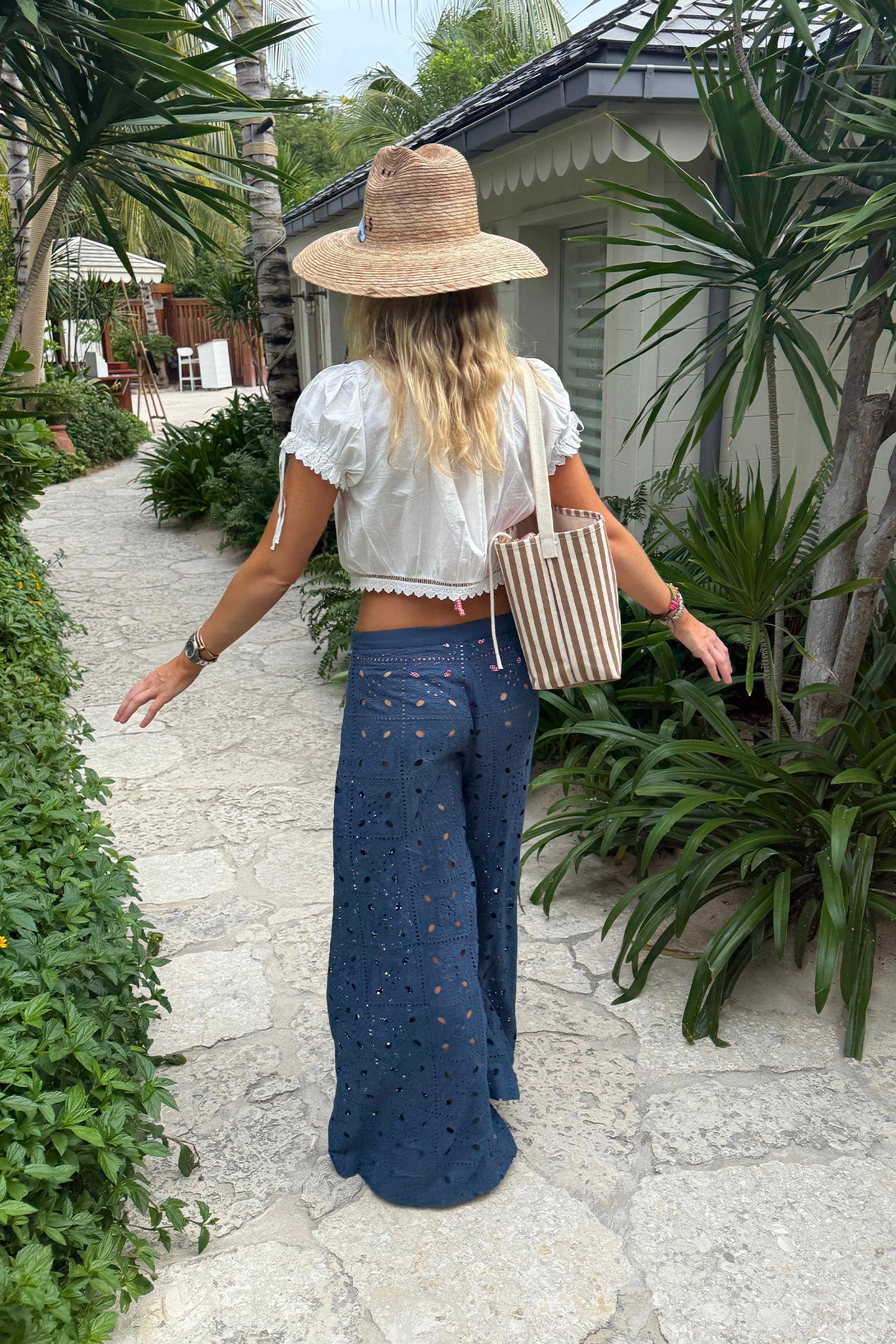 Lilly Patchwork Eyelet Pants - Slate Blue by Miguelina