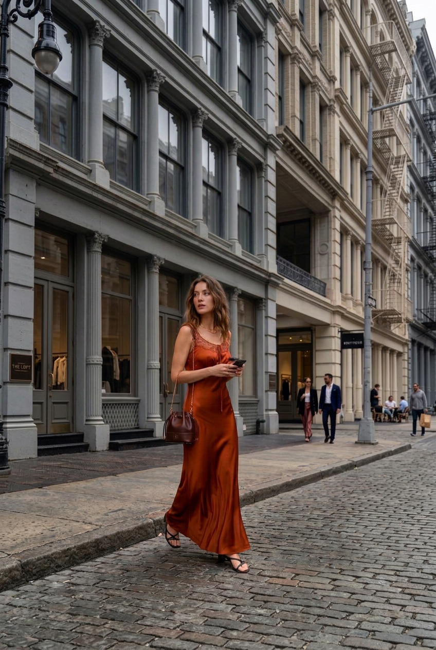A woman in a flowing rust-orange satin maxi dress walks down a cobblestone city street, holding a phone and carrying a brown leather handbag.