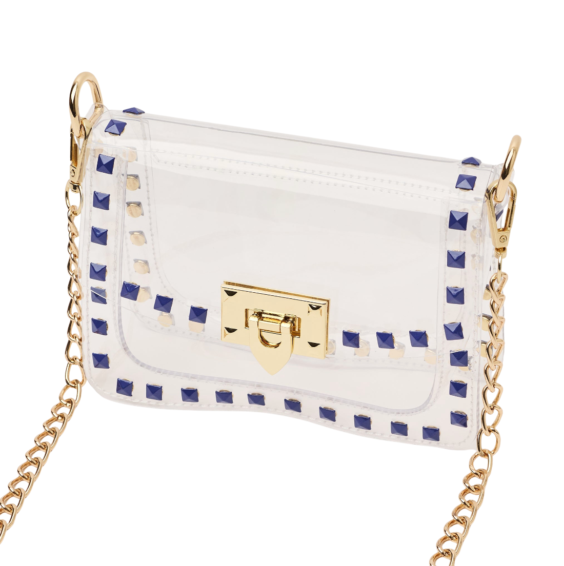 A white patent leather shoulder bag with gold-tone hardware, featuring a gold turn-lock clasp and a border of blue and gold studs.