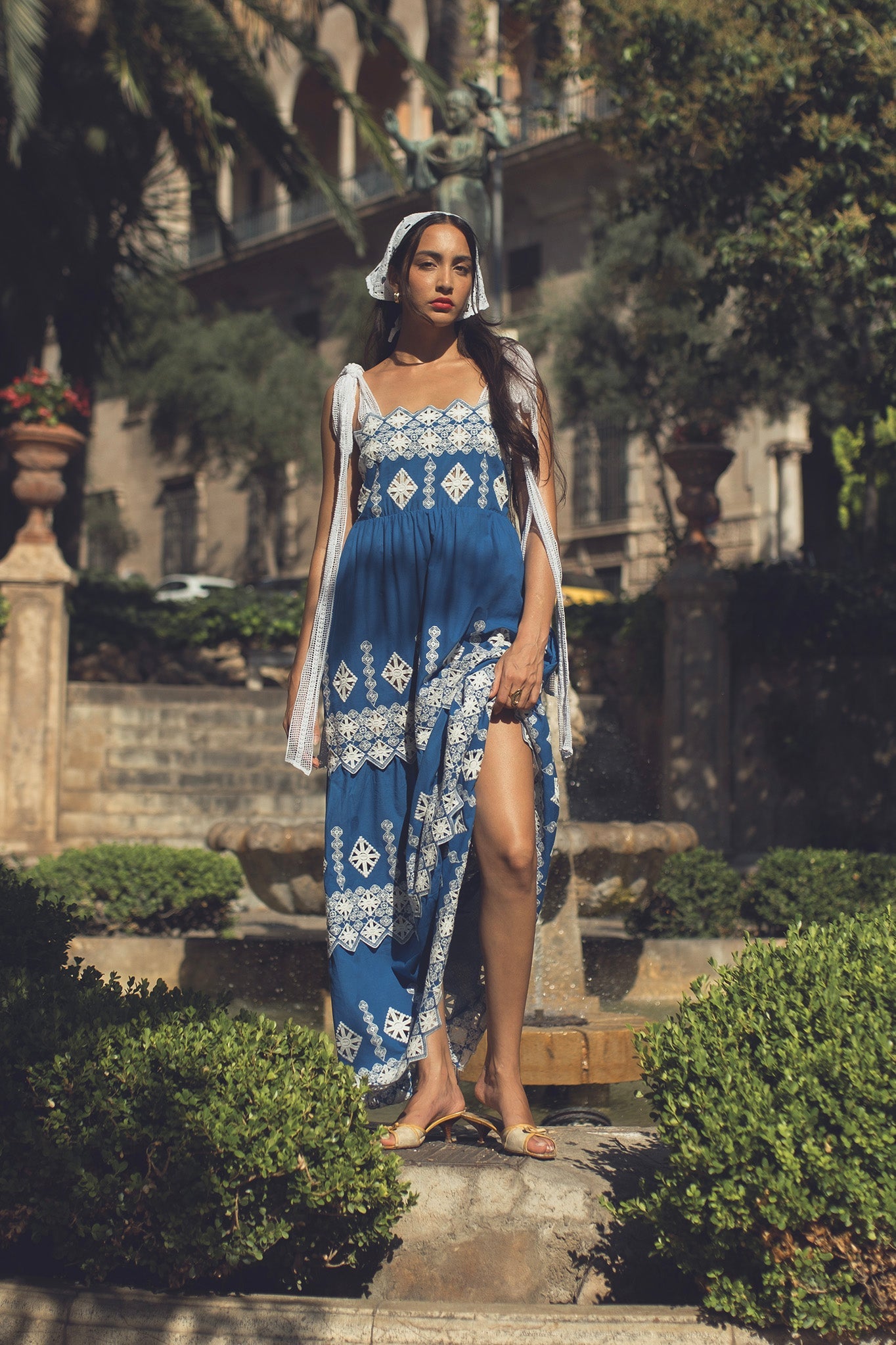 Miguelina Juniper Rhombus Cotton Embroidery Dress - Blue Miguelina Juniper Rhombus Cotton Embroidery Dress - Blue
