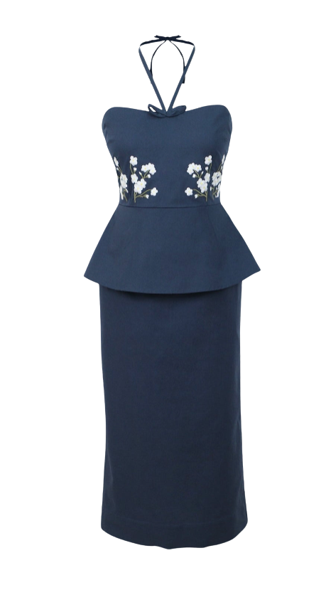 Navy blue dress with floral embroidery on a white background