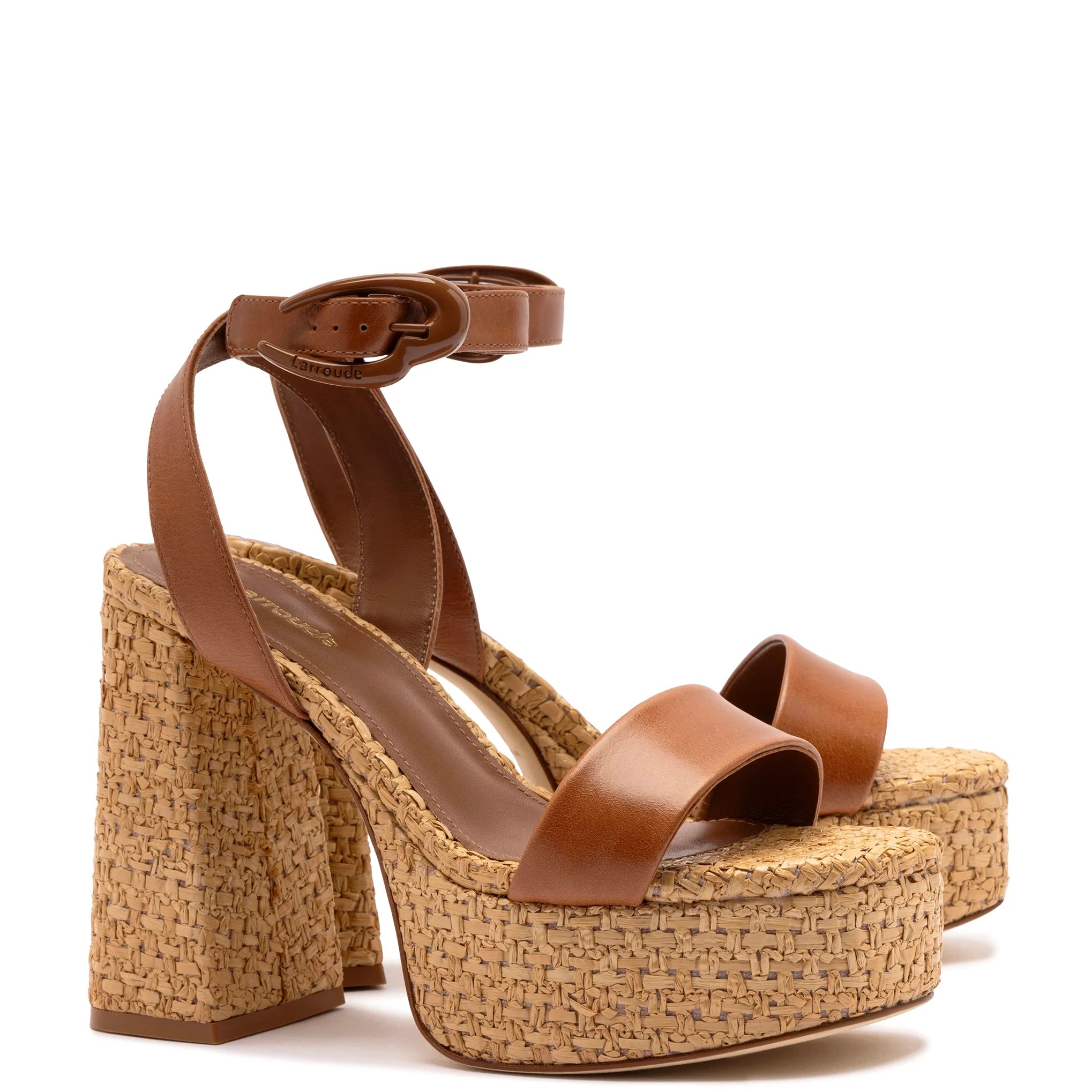 Dolly Verona Sandal In Caramel Leather and Natural Raffia by Larroudé