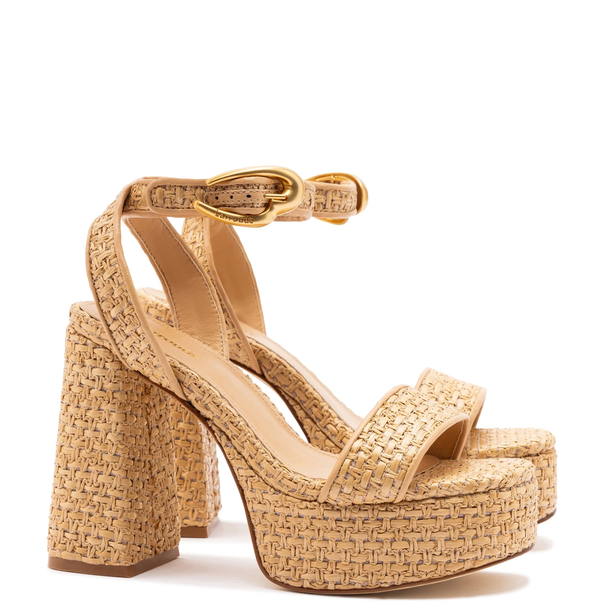 Dolly Verona Sandal In Beige Leather and Natural Raffia by Larroudé