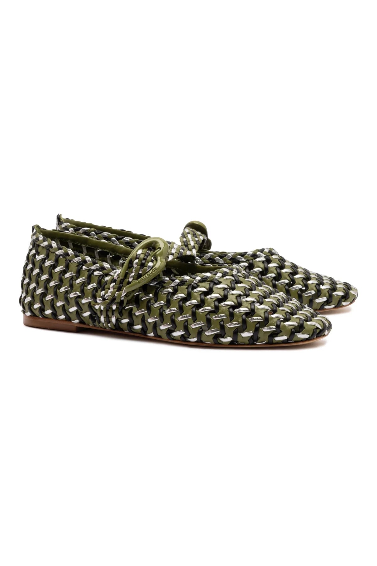 Verona Macrame Ballet Flat In Seaweed, Black and Silver Metallic Leather by Larroudé